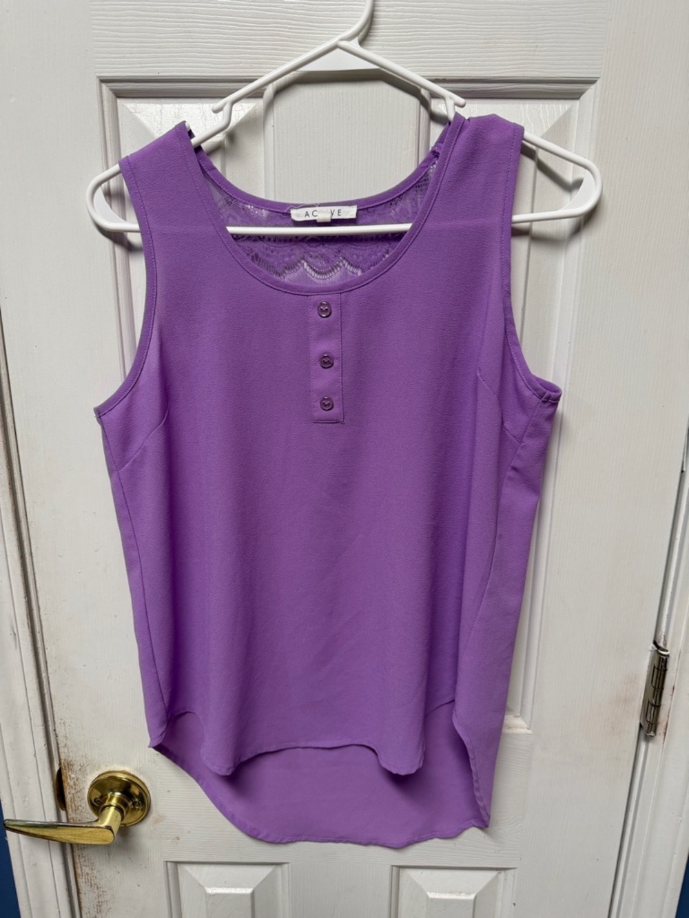 Active M Purple Tank Top Hogh Low Cut Out Lace Scoop Neck Buttons